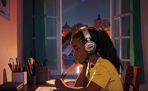 "lofistudy, african girl writing from a side profile with long hair, wearing headphones and a t-shirt, sitting by a window with ...