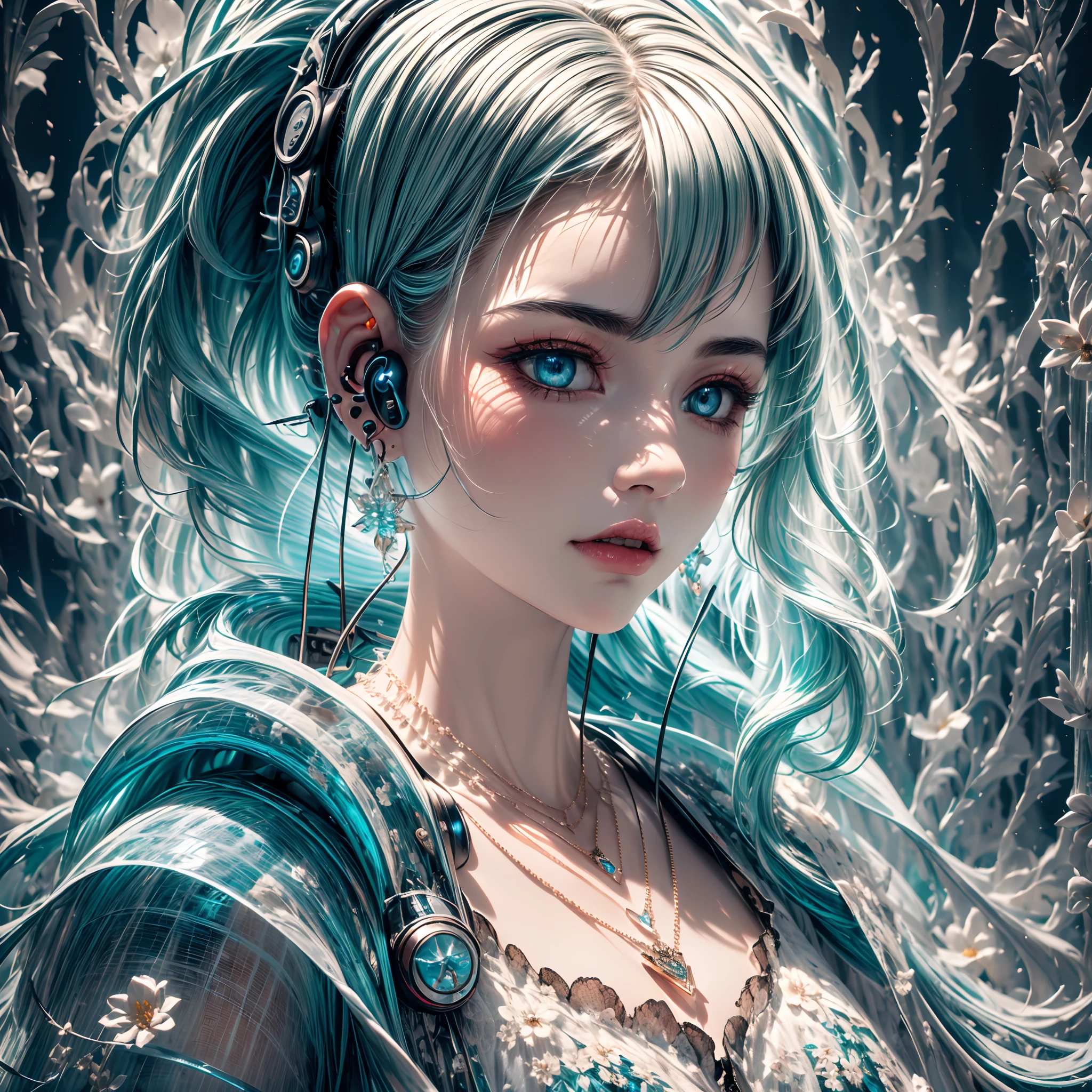 Best quality, masterpiece, high detail, contrast between light and dark, 8k, abstract art, (blue and white themes: 1.1), flowers, dark background flowing, 1 girl,(((Earphones))), (((Earrings))), (((necklaces))),(((Dynamic pose)))
Fractal,1girl,Cyberpunk