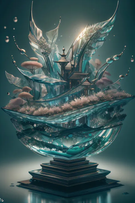 "High quality crystal sculpture with natural aquatic plants inside, Kingyo, water, brilho, fantasia, incredible details, obra-prima, melhor qualidade, RTX, 4k, 8k,".