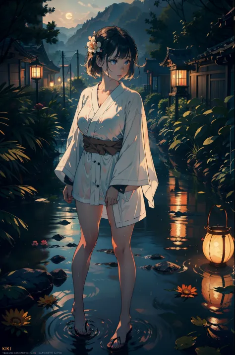 1girl, breasts, moon, lantern, night, solo, large breasts, hair ornament, wet, kimono, japanese clothes, wading, water, hair flo...