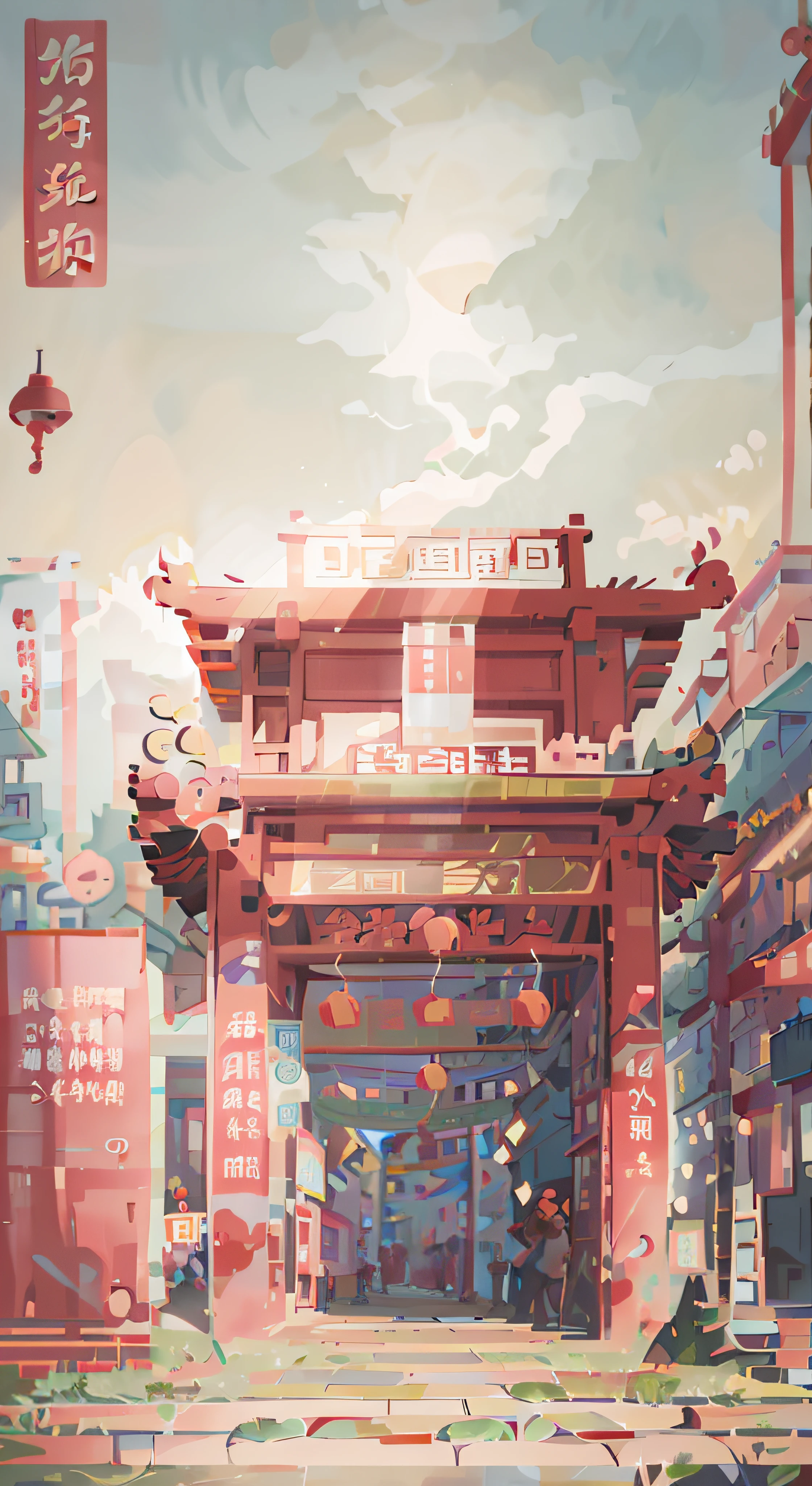 There is a red building in the middle of the street，There are lanterns hanging from it, dreamy Chinese towns, author：Shitao, Anime background art, G Liulian art style, A beautiful artwork illustration, low details. Digital painting, anime backgrounds, ross tran. scenery background, anime style cityscape, Rosla global lighting, trending on cgstation