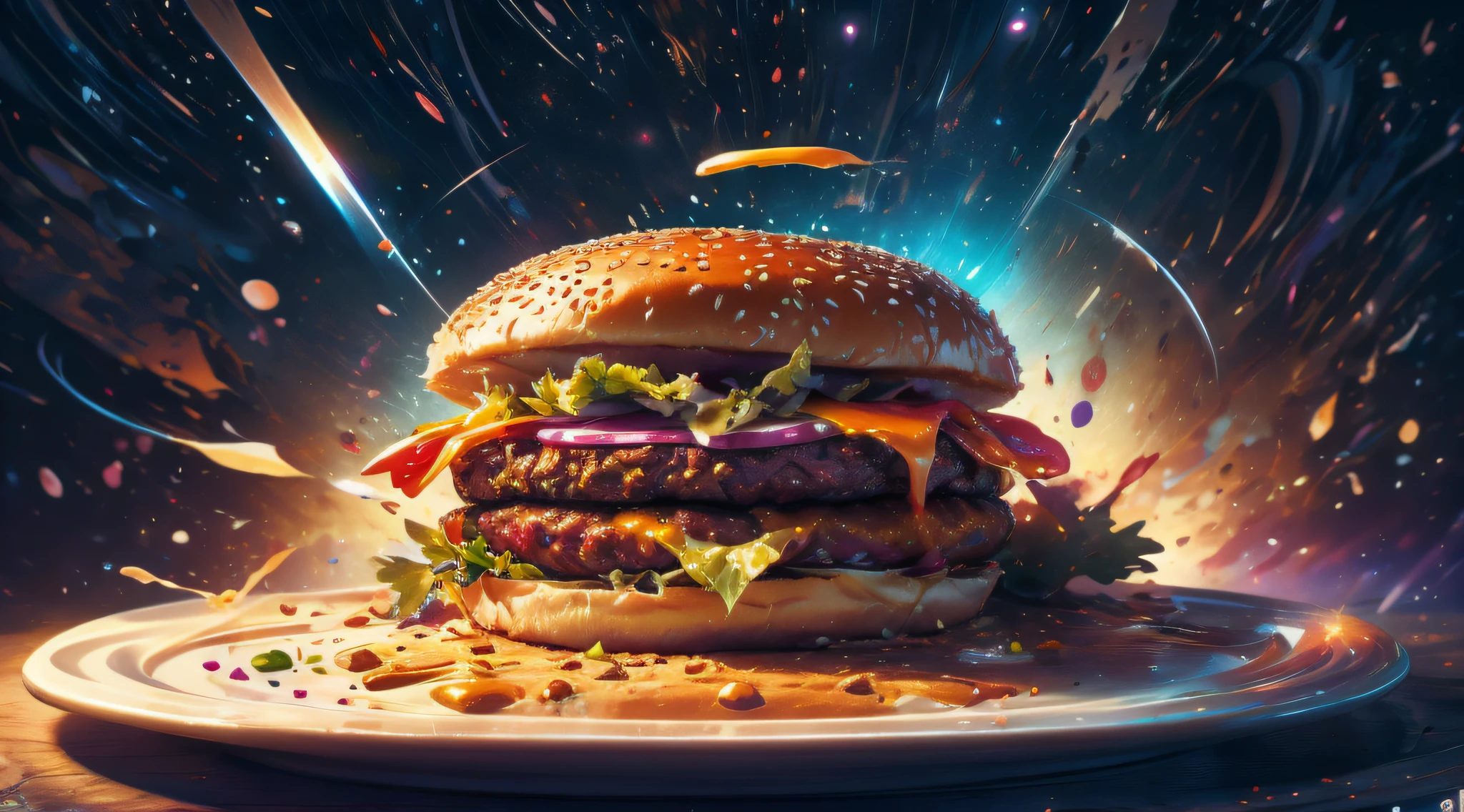 un hamburger fait de galaxie et de nébuleuse, assis dans une assiette faite de cosmos, Règle des tiers, meilleurs détails, complexe, ambiance riche, Photo imaginative,