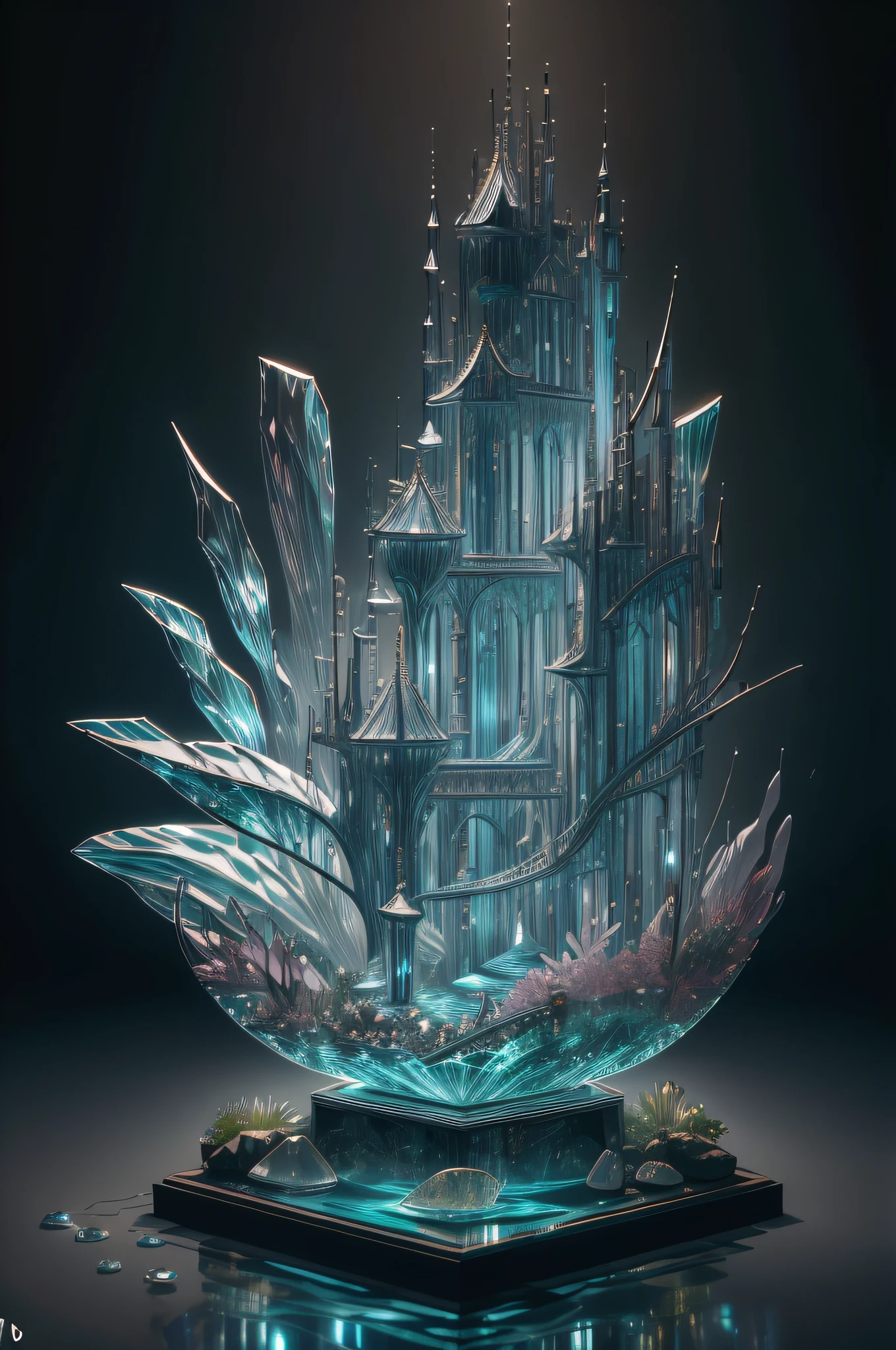 "High quality crystal sculpture with natural aquatic plants inside, Kingyo, water, brilho, fantasia, incredible details, obra-prima, melhor qualidade, RTX, 4k, 8k,".