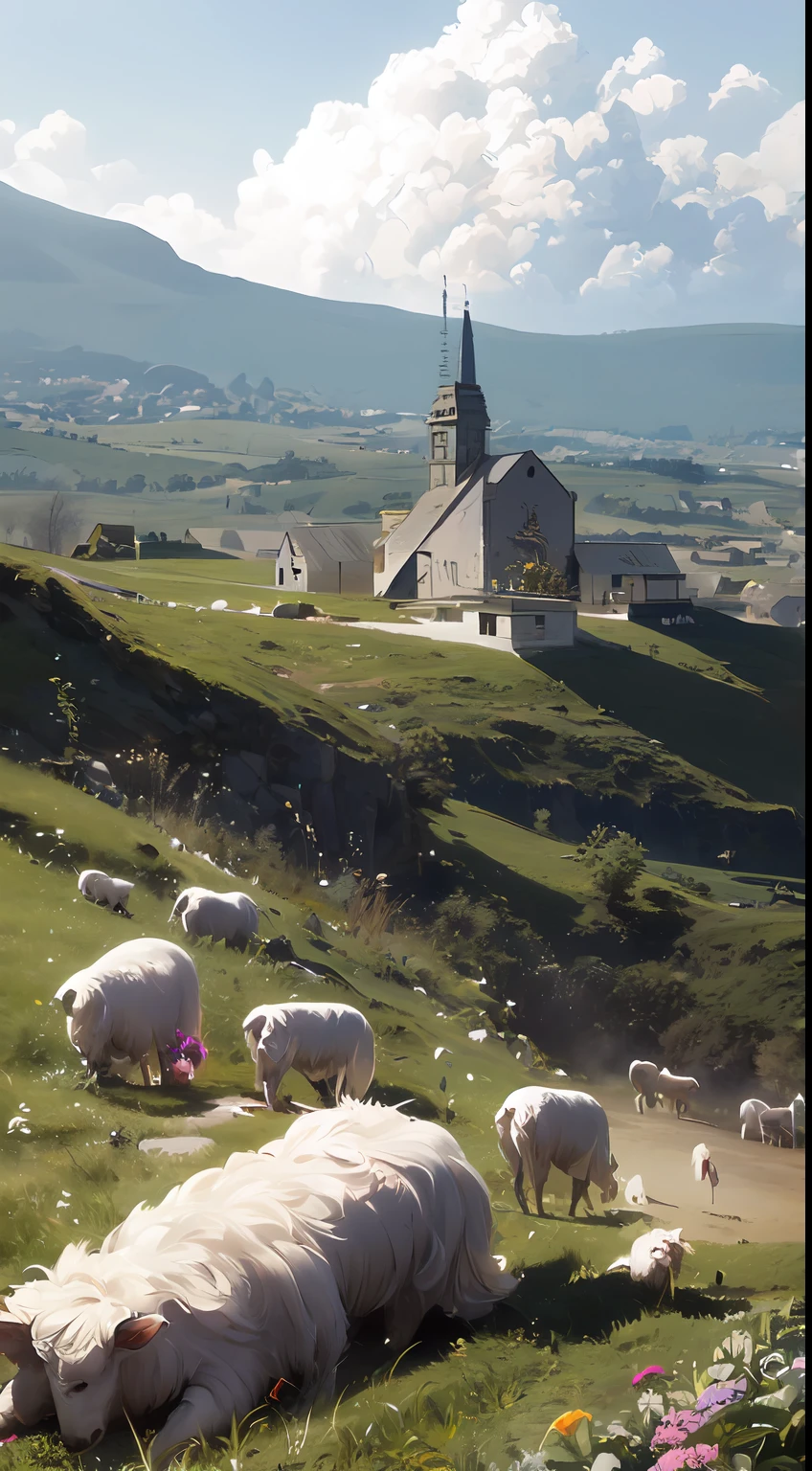 "Damals riefen die Schafe aus ihren wurmigen Bäuchen nach ihm, als sie aufgebläht auf dem Feld lagen. Er war ein Viehzüchter,
Das Schulhaus ist kaum handgroß in einem Himmel aus Flachs." (Meisterwerk:1.2, beste Qualität, digital art, hyperrealistische Details, detaillierte digitale Kunst, Realistische Textur, Detaillierte CG, extrem hoher Detailreichtum, digitale Illustration)