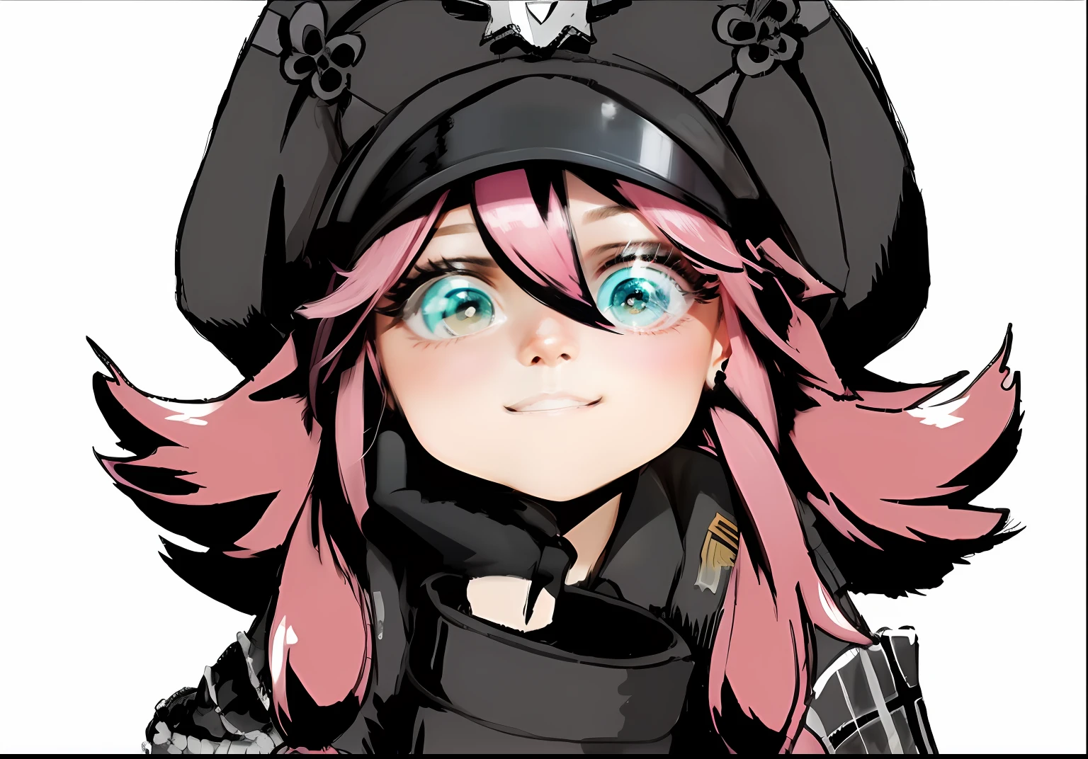 Pink hair, black military uniform, black military cap, hand on the head, girly smile