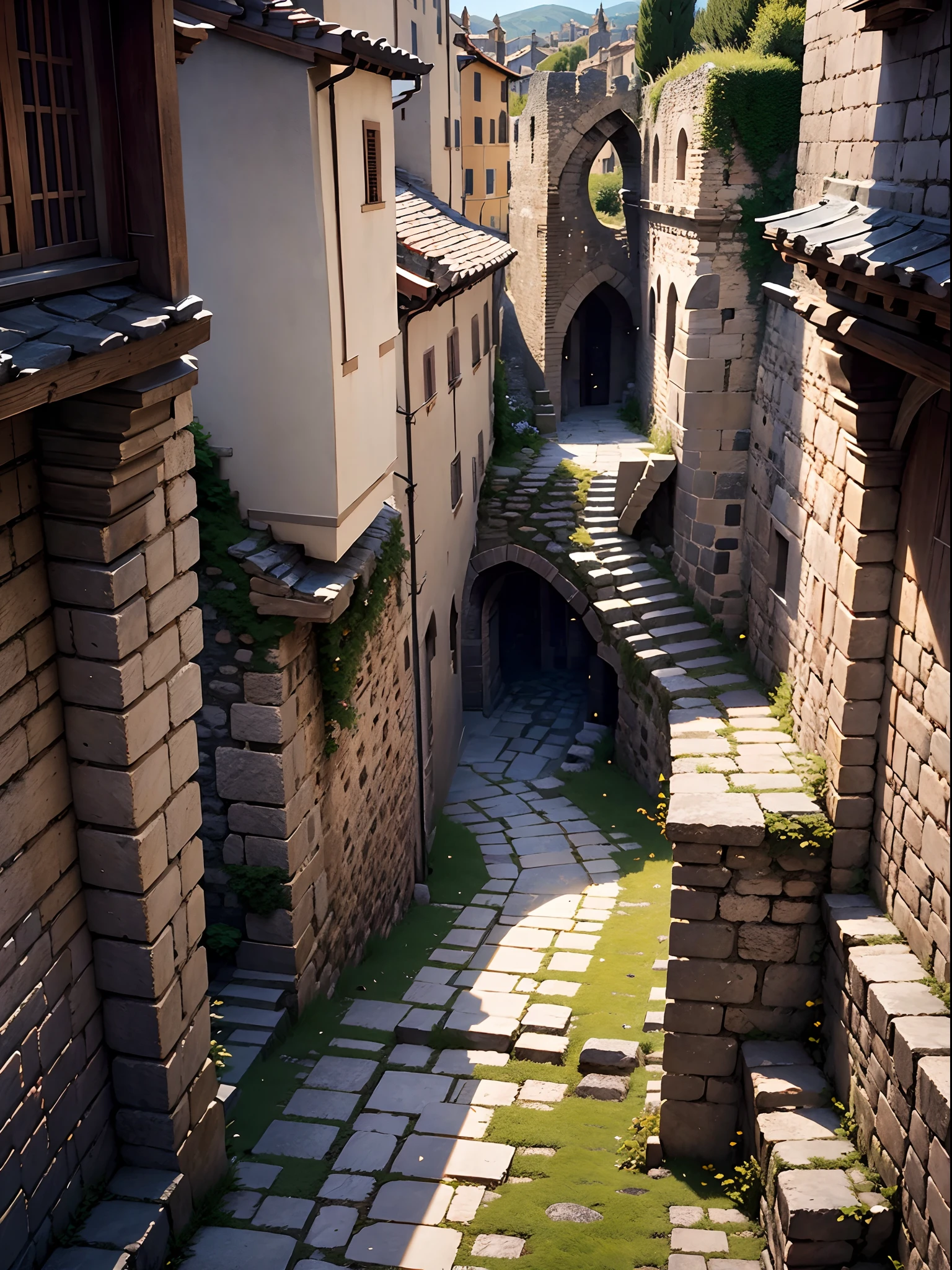 medieval times、former times、in isekai、stone pavement、Back alley、Stone stairs from the bend、oud、Crumbling stairs、Italy、unmanned、no humans、No animals、leisure、silence、Skysky、Dense stone building、during daytime、warm、Made mostly of stone、Vanishing point left