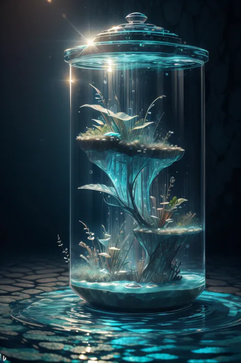 obra-prima da escultura de cristal, com plantas aquaticas naturais dentro, kingyo, water, brilho, fantasia, alta qualidade, alto...