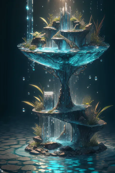 obra-prima da escultura de cristal, com plantas aquaticas naturais dentro, kingyo, water, brilho, fantasia, alta qualidade, alto...