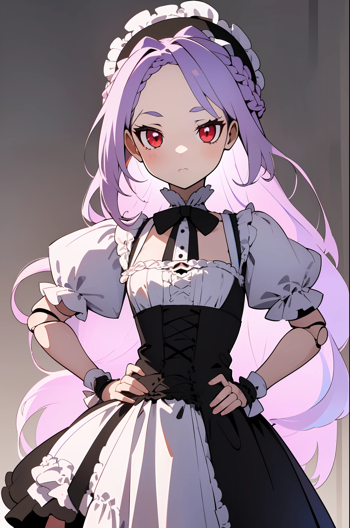 ((masterpiece, illustration, best quality)), 1girl, solo, dollgirl, doll joints, light purple hair, long hair, french braid, red eyes, ((the doll is looking at the viewer with a single hand on her hip, with a sense of anticipation)), just one hand on hip, ((she wears a black frilled victorian dress)), small breasts, flat chest, ((evoking a sense of power and elegance)), ((her despiction is highly detailed, her skin has no flaws)), :<, cold gaze, neutral, jitome