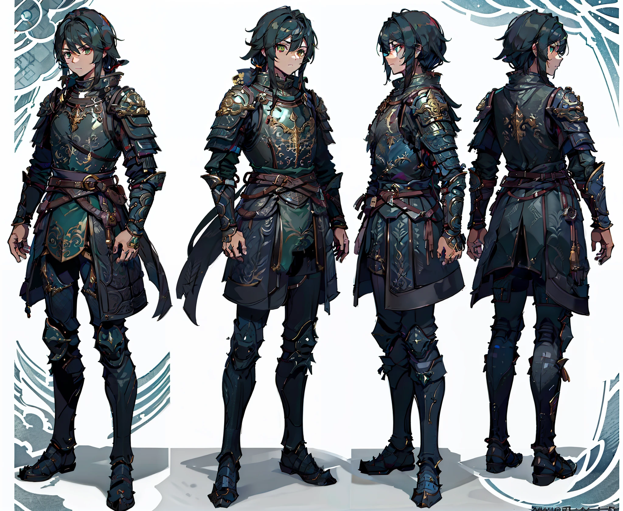1man, reference sheet, matching outfit, (fantasy character design, front angles, side angles, rear angles) Alistair. Tall and lean physique. Striking emerald eyes hint at his magical prowess. Jet-black hair cascades down his shoulders. Wearing Mythril Hauberk. Rare and exquisite armor crafted with mythril metal. Shimmering scales reflect light with a captivating gleam. Exceptional protection without sacrificing mobility. A true masterpiece of craftsmanship. (masterpiece:1.2), (best quality:1.3).