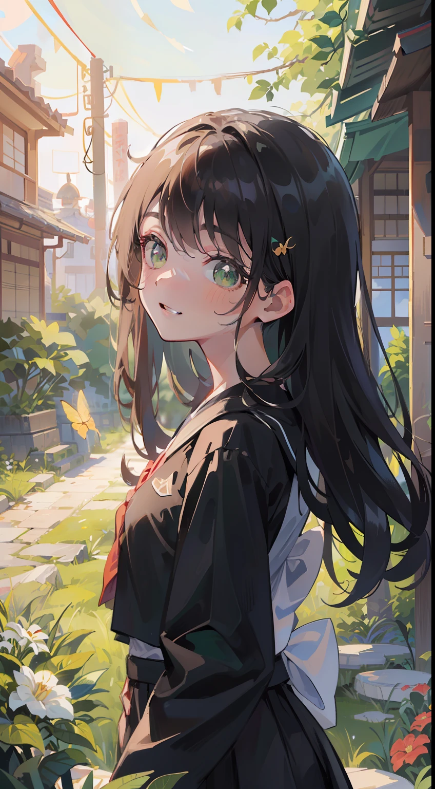 masterpiece), best quality, beautiful detailed hair detailed face, ultra high res, sharp focus, ((1 woman, solo)), perfect feminine face, upper body, magazine, (at the noon time:1.5), (from side), in garden, leaf, butterflies, look at viewer, (japanese all black uniform:1.5), ((beautiful shape eyes, green eyes)), chesnut brown hair, messy long hair, smiles