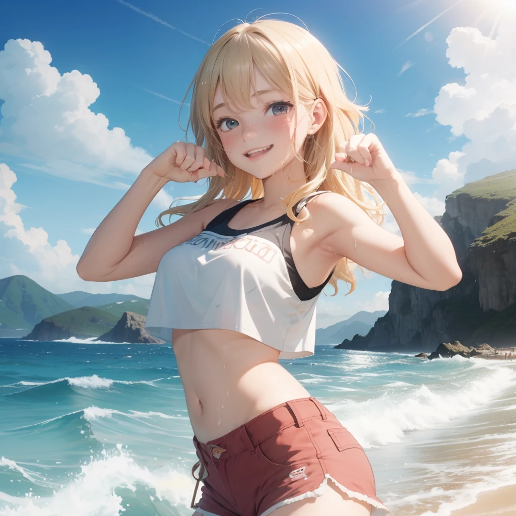 (best quality, masterpiece), 1girl, paw pose, smile, laughing, ocean, crop top, shorts, blonde, freckles, blush, looking at viewer, wavy hair, cloud, splashing, waves, sun, mountain, wet