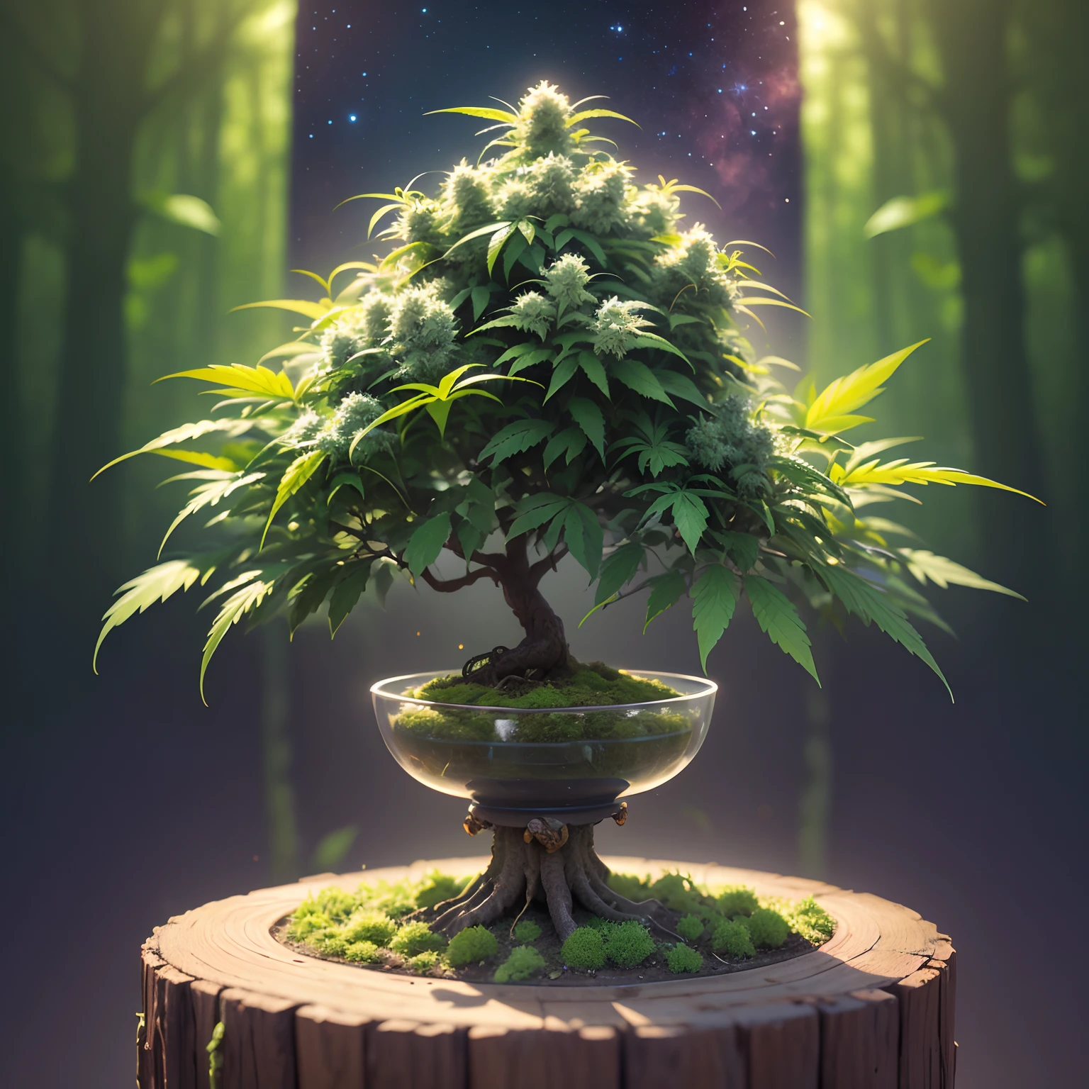 A close up of a bonsai tree in a bowl on a stump - SeaArt AI