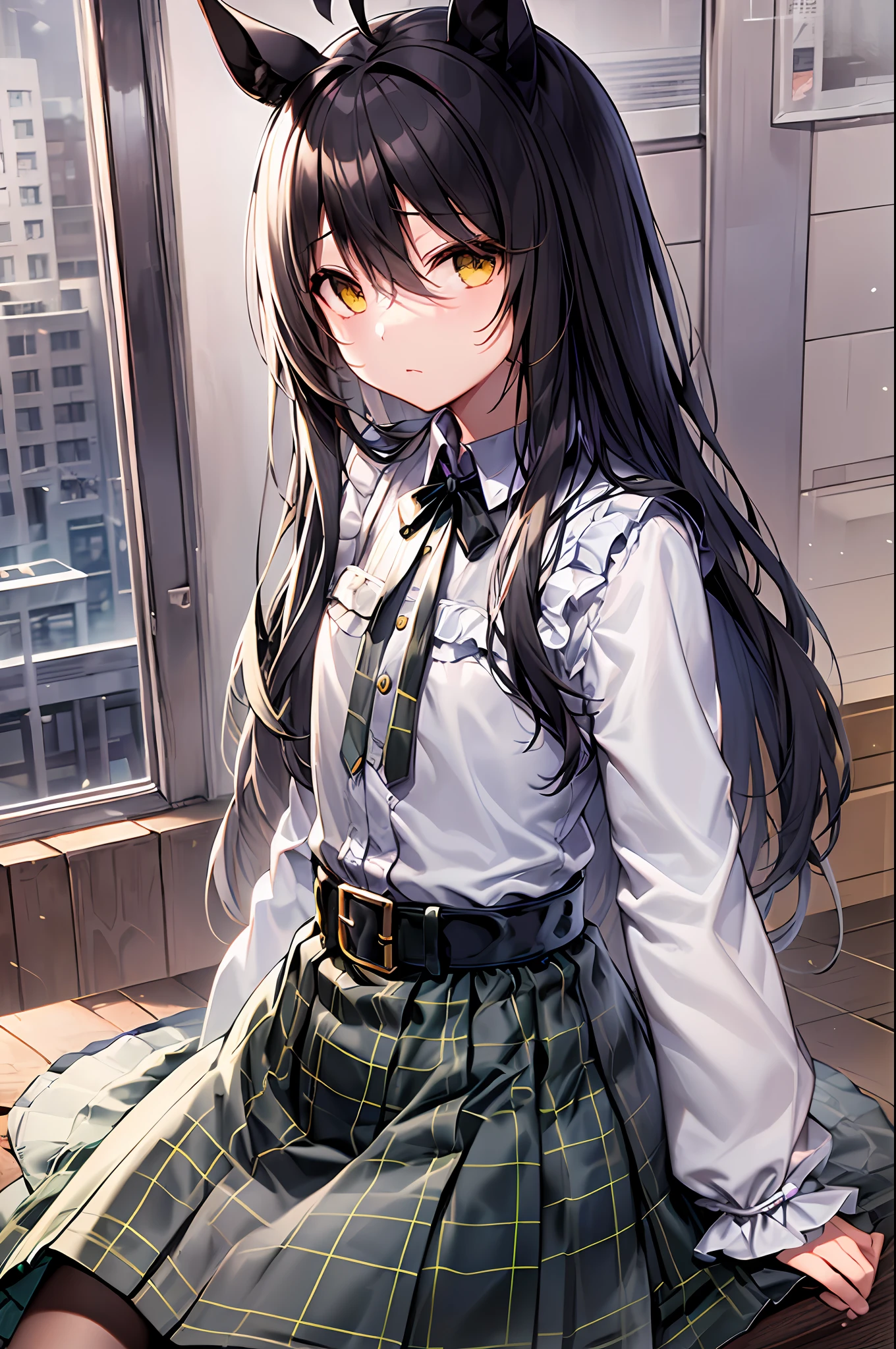 ((​masterpiece))、((top-quality))、(solo)、manhattan-cafe,manhattan-cafe(Plain clothe),、White ahoge, (Long Black Hair)、long black bangs passing between the eyes,,,,,,,、Black-haired horse ears、Horse tail、Yellow eyes without highlights、((((flat chest))))、 rcasual、Neck ribbon、a black ribbon、puffy long sleeves、A bracelet、Yellow collar shirt、White ruffled shirt collar、Tuck your shirt in、Black belt、belt buckle、((Dark green long skirt))、((plaid skirts))、((Black pantyhose))、Black footwear、