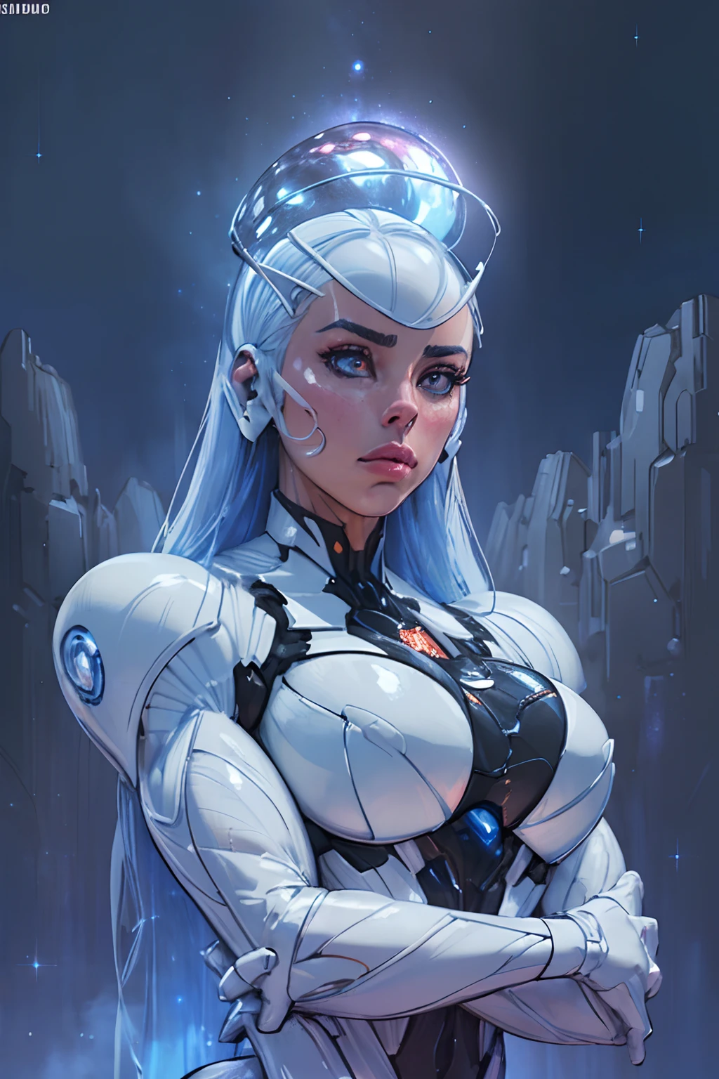 RAW, 1girl, colorful, ((white matte armor, blue lights )), (masterpiece, best quality), (detailed skin:1.3, detailed face:1.3), dslr, realistic, (((seductive pose, detailed galaxy landscape))), delicate, soft colors, cinematic lighting
