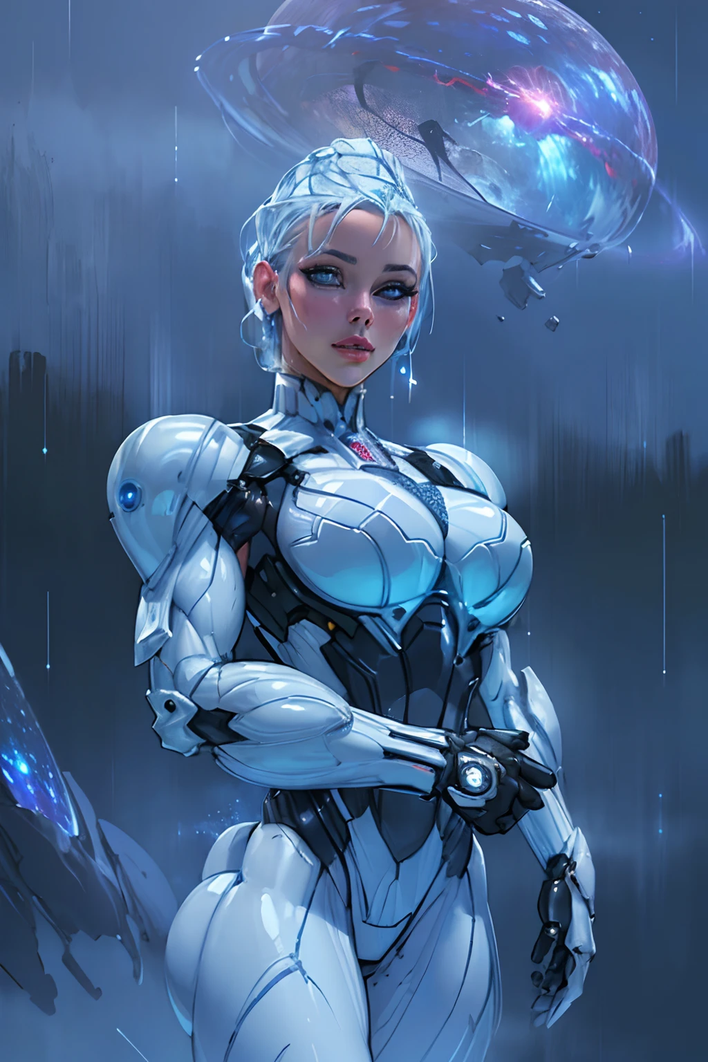 RAW, 1girl, colorful, ((white matte armor, blue lights )), (masterpiece, best quality), (detailed skin:1.3, detailed face:1.3), dslr, realistic, (((seductive pose, detailed galaxy landscape))), delicate, soft colors, cinematic lighting