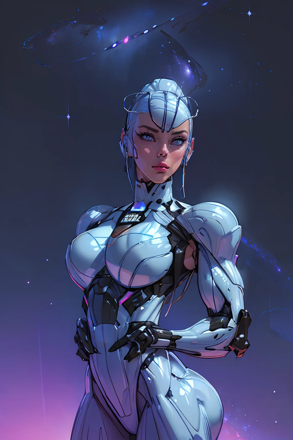 RAW, 1girl, colorful, ((white matte armor, blue lights )), (masterpiece, best quality), (detailed skin:1.3, detailed face:1.3), dslr, realistic, (((seductive pose, detailed galaxy landscape))), delicate, soft colors, cinematic lighting