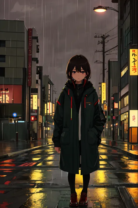 masterpiece,best quality,1girl,solo,looking at viewer,Late night, Tokyo, deserted street, distant view, background, loneliness, rain, street lights, weak light,