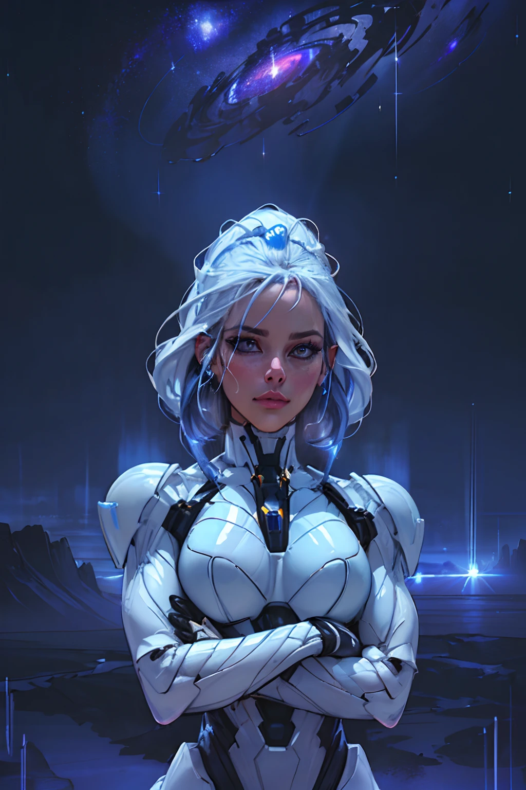 RAW, 1girl, colorful, ((white matte armor, blue lights )), (masterpiece, best quality), (wired hair:1.5) (detailed skin:1.3, detailed face:1.3), dslr, realistic, (((seductive pose, detailed galaxy landscape))), delicate, soft colors, cinematic lighting