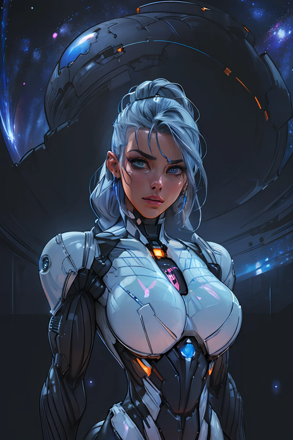 RAW, 1girl, colorful, ((white matte armor, blue lights )), (masterpiece, best quality), (wired hair:1.5) (detailed skin:1.3, detailed face:1.3), dslr, realistic, (((seductive pose, detailed galaxy landscape))), delicate, soft colors, cinematic lighting