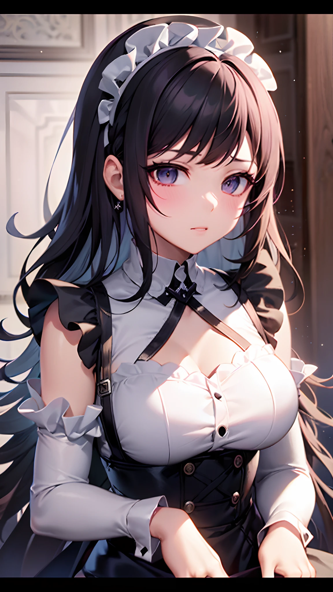 a close up of a woman in a dress with a white and black dress, gothic maiden anime girl, anime girl wearing a black dress, cute anime waifu in a nice dress, anime girl in a maid costume, an elegant gothic princess, guweiz, guweiz on pixiv artstation, guweiz on artstation pixiv, beautiful anime girl