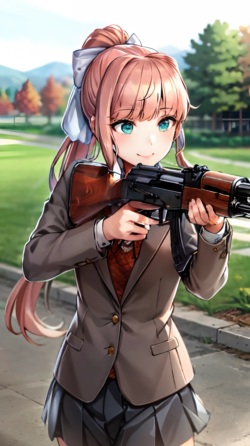 Realistic, Masterpiece, best Quality, perfect anatomy, (Detailed Eyes), 1girlphoto, monika, green eyes, brown hair, very long hair, ponytail, hair ribbon, white ribbon, shy smile, , blazer, brown sweater, collared shirt, neck ribbon, outdoor, holding gun, , akm, assault rifle, kalashnikov rifle, (aiming:1.2), finger on trigger,