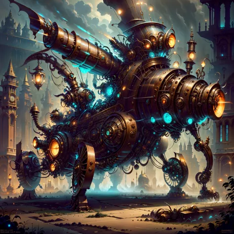 biomechanical steampunk vehicle reminiscent of fast sportscar with robotic parts and (glowing) lights parked in ancient lush pal...