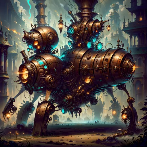 biomechanical steampunk vehicle reminiscent of fast sportscar with robotic parts and (glowing) lights parked in ancient lush pal...