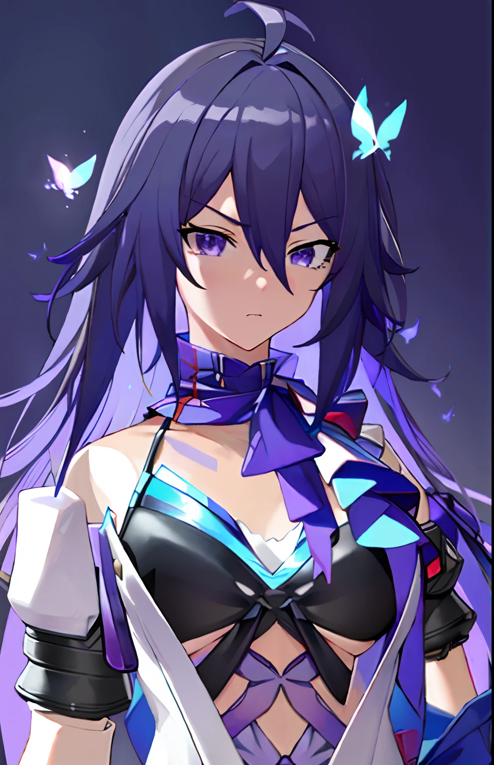 ((masterpiece)), seele hsr, 1girl, solo, purple_hair, very long hair, medium breasts, masterpiece, best quality, high quality, best quality, highres, ((beautiful detailed eyes)), (very detailed face), looking_at_viewer, outdoors, angry face, ((close-up, portrait)), thick thighs, (anime screencap), ((dark background, purple butterflies, blue lighting effect)) (beak hair)