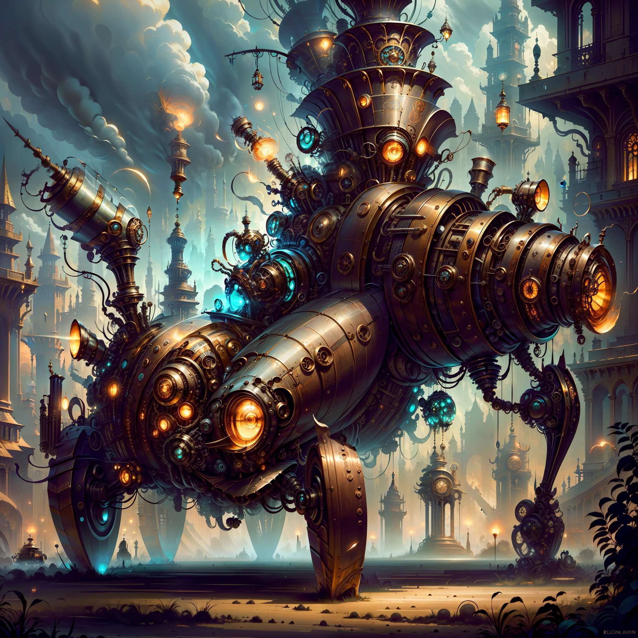 ยานพาหนะ Steampunk ชีวกลศาสตร์ชวนให้นึกถึงรถสปอร์ตที่รวดเร็วพร้อมชิ้นส่วนหุ่นยนต์และ (เรืองแสง) แสงไฟที่จอดอยู่ในวังโบราณอันเขียวชอุ่ม, โกธิคและพิสดาร, สถาปัตยกรรมโหดร้าย, ละเอียดมาก, บรรยากาศน่าขนลุก, หมอก, เชื้อโรคอาร์ทีเอ็ม, เสือโคร่ง, ซับซ้อน โดย Ellen Jewett และ Josan Gonzalez และ Giuseppe Arcimboldo