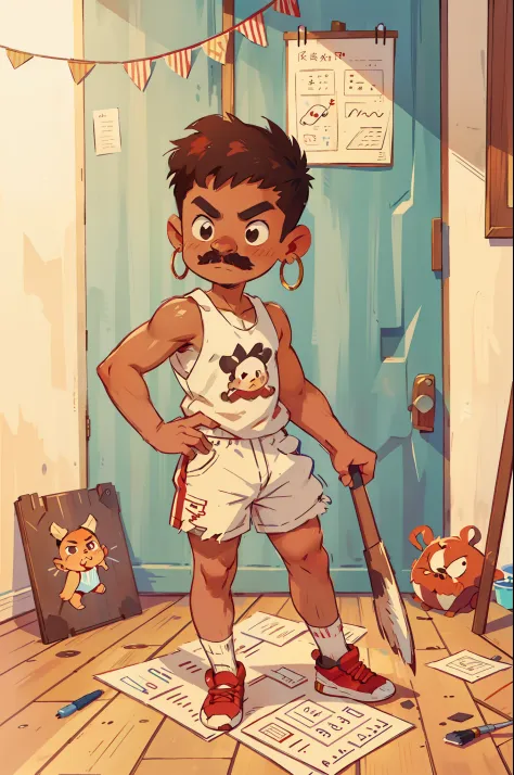 A brown-skinned Latino boy, short, shaved hair on the sides, small hoop earrings, wearing a mustache, white tank top and jean sh...