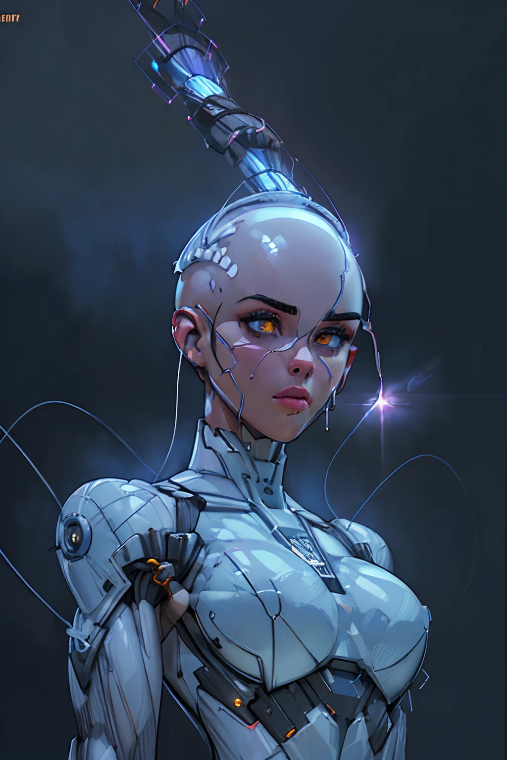 RAW, 1girl, colorful, ((white matte armor, blue lights )), (masterpiece, best quality), ((bald head:1.4)) ((wires and cables on head:1.3)) (detailed skin:1.3, detailed face:1.3), dslr, realistic,  glowing yellow eyes, (((seductive pose, detailed galaxy landscape))), delicate, soft colors, cinematic lighting