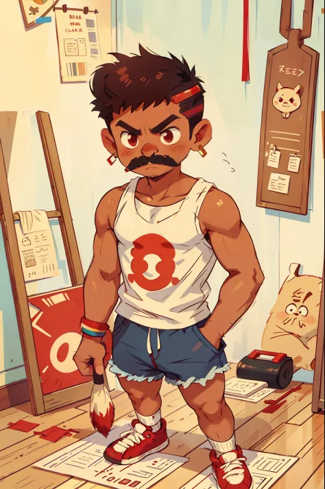 a brown-skinned latino boy, short, shaved hair on the sides, small hoop earrings, wearing a mustache, white tank top and jean sh...