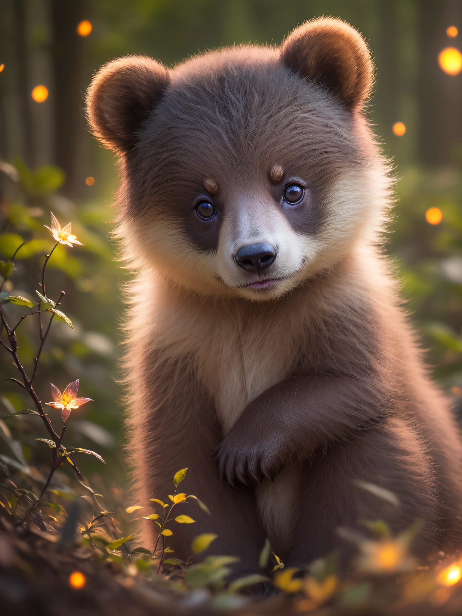 Photo en gros plan d&#39;un bébé ours dans une forêt enchantée、au fond de la nuit、dans les bois、Rétroéclairage、lucioles、brouillard volumétrique、L&#39;auréole、floraison、ambiance dramatique、central、règle des tiers、200 mm 1.Prise de vue macro 4f