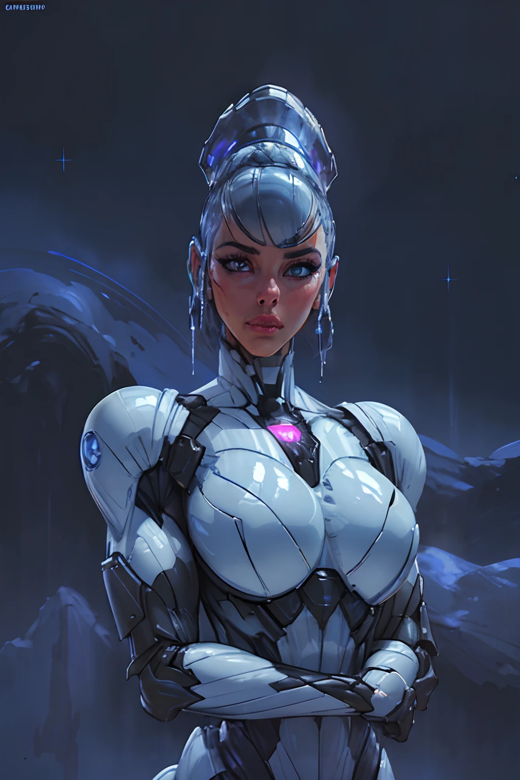 RAW, 1girl, colorful, ((white matte armor, blue lights )), (masterpiece, best quality), (detailed skin:1.3, detailed face:1.3), dslr, realistic, (((seductive pose, detailed galaxy landscape))), delicate, soft colors, cinematic lighting