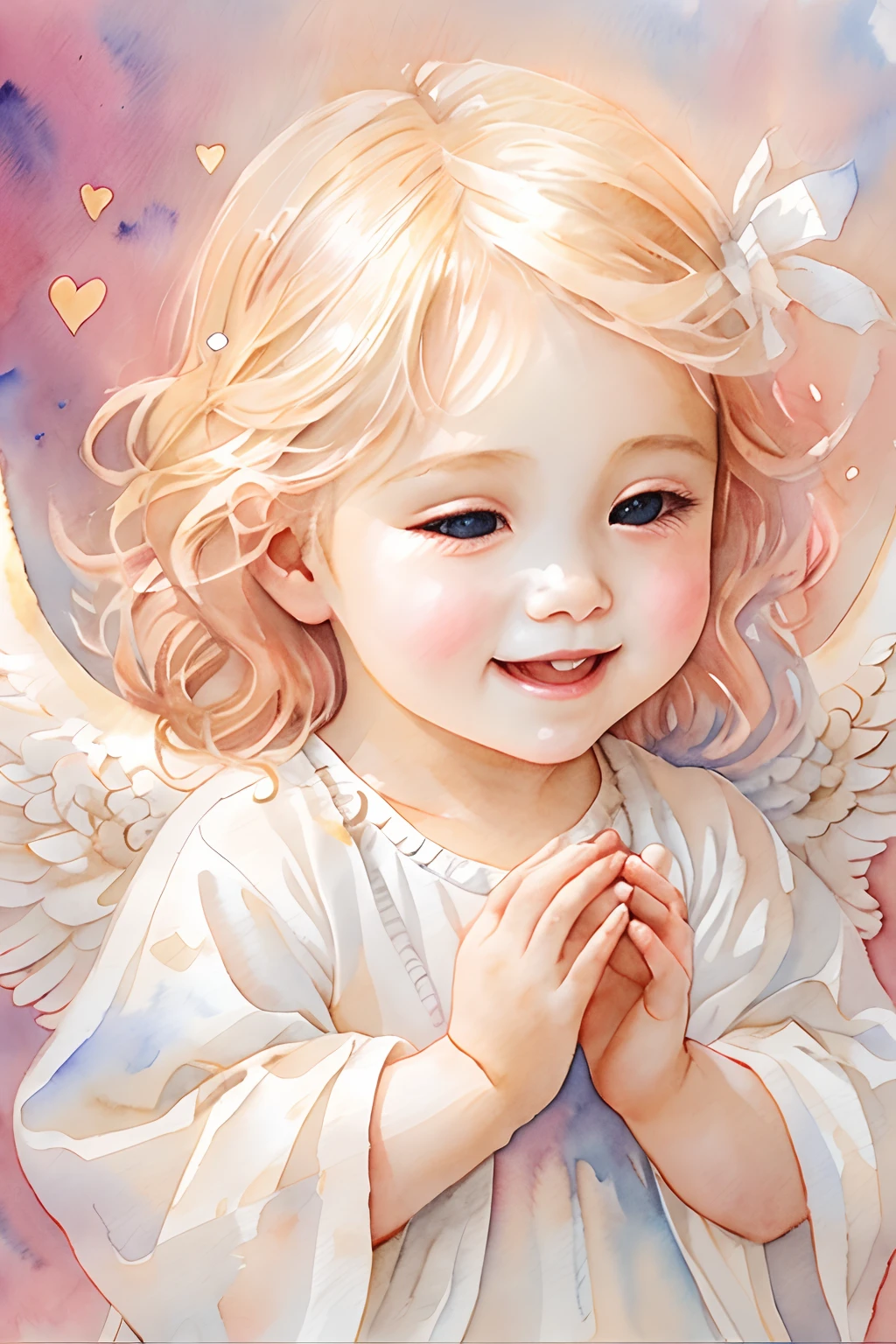 Bendiciones de los ángeles､fondo brillante、marca del corazon、sensibilidad､Una sonrisa、amable､Ángel bebé、pintura de acuarela