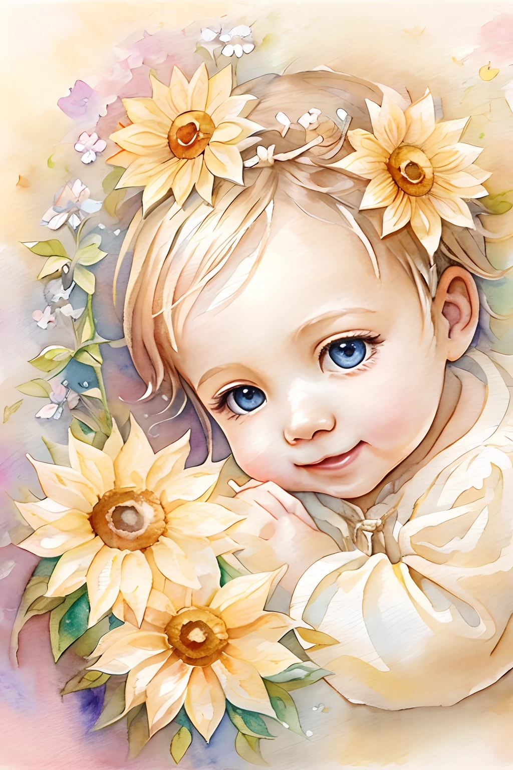 Bendiciones de los ángeles､fondo brillante、marca del corazon、sensibilidad､Una sonrisa、amable､Ángel bebé、pintura de acuarela、flor del sol
