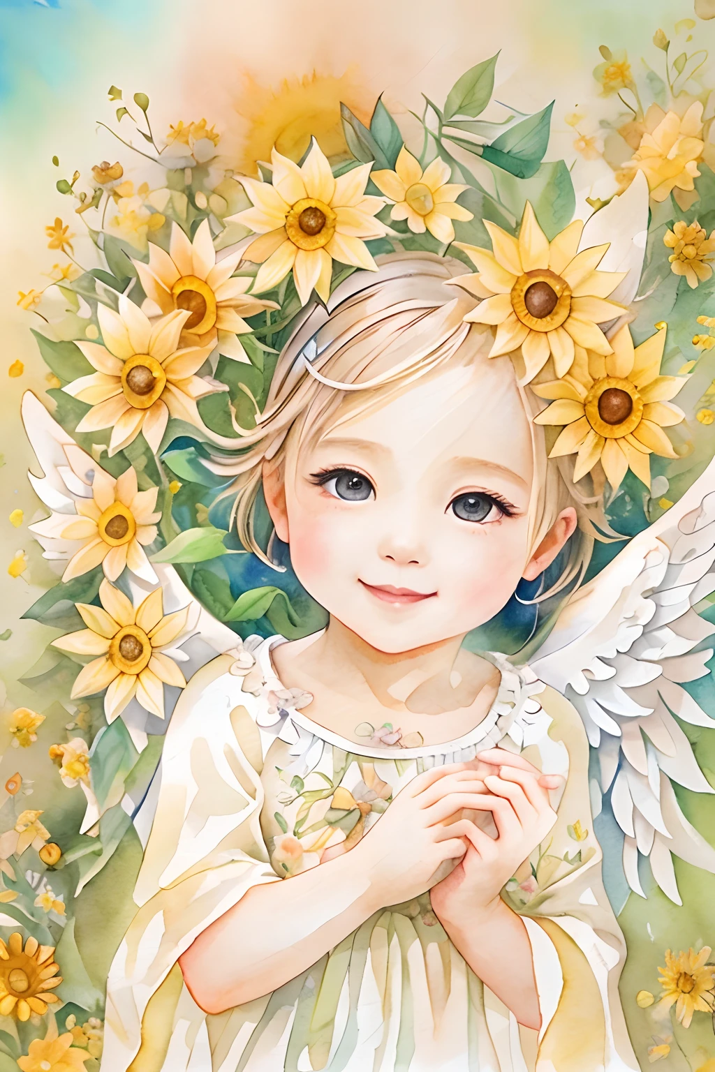 Blessings of Angels､Bright background、heart mark、tenderness､A smile、Gentle､Baby Angel、Sun flower、watercolor paiting