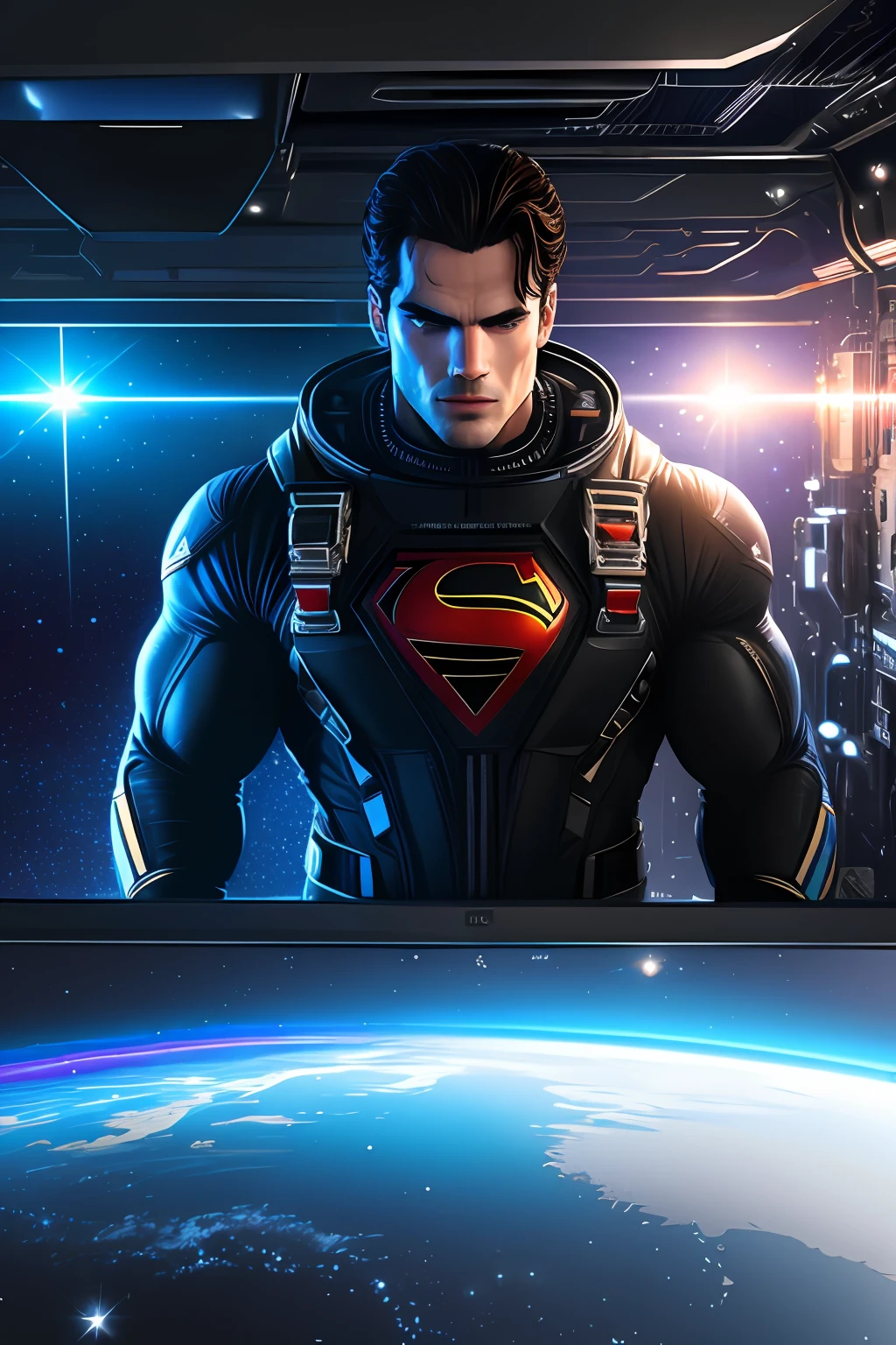 Henry Cavill, muscular, ciberpunk (obra maestra:1.2), en el espacio, Estación Espacial, (mejor calidad), (ultra detallado), (8K, 4k, Intrincado),(muy detallado:1.2), destello láser,