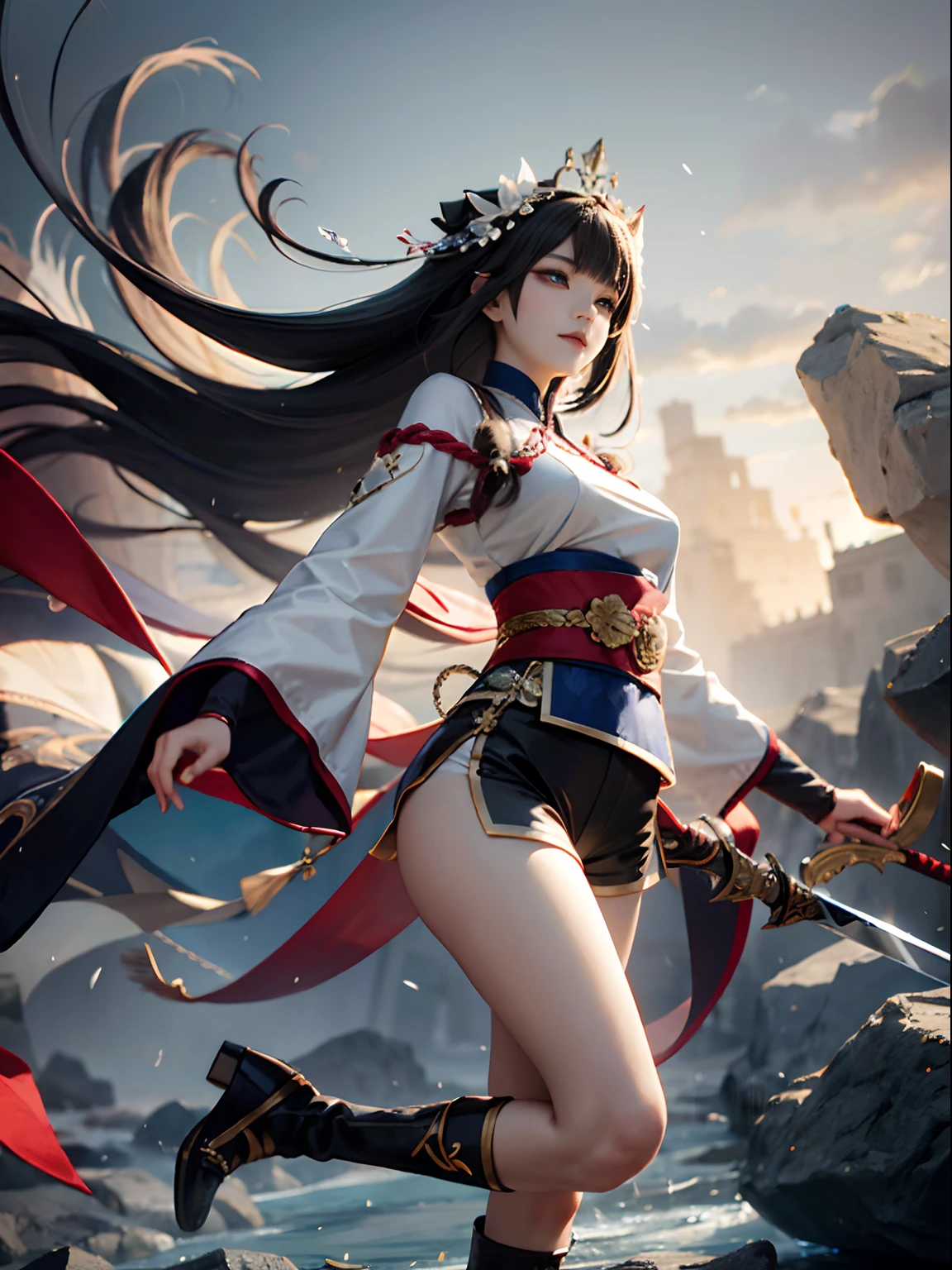 Royal Sister，swordsmen，Big sister type，Oriental women，gallant woman，Cold ass，tmasterpiece，A high resolution,,Absolutely beautiful,，looking toward the viewer，frontage，（Wide buttock：1.3），（Thick legs：1.4），are standing，exquisitedetails,A high resolution,Wallpapers,1female,solo,，Enchanted， cruel grin，Ancient wind，Hanfu,，Black all over，dark，is wearing a shorts，Wear boots，Wear knee-length cotton socks，Ro socks，Embroidery, natural poses,standing on your feet， Fanning，16K，hdr，A high resolution，depth of fields，Bocoon，prime time，Vignette，rainbowing