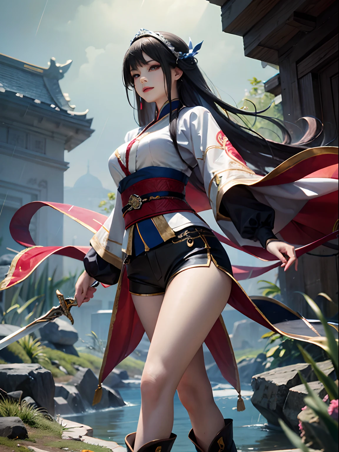 Royal Sister，swordsmen，Big sister type，Oriental women，gallant woman，Cold ass，tmasterpiece，A high resolution,,Absolutely beautiful,，looking toward the viewer，frontage，（Wide buttock：1.3），（Thick legs：1.4），are standing，exquisitedetails,A high resolution,Wallpapers,1female,独奏,，Enchanted， cruel grin，Ancient wind，Hanfu,，Black all over，Dark，is wearing a shorts，Wear boots，Wear knee-length cotton socks，Ro socks，Embroidery, natural poses,standing on your feet， Fanning，16k，hdr，A high resolution，depth of fields，Bocoon，prime time，Vignette，rainbowing