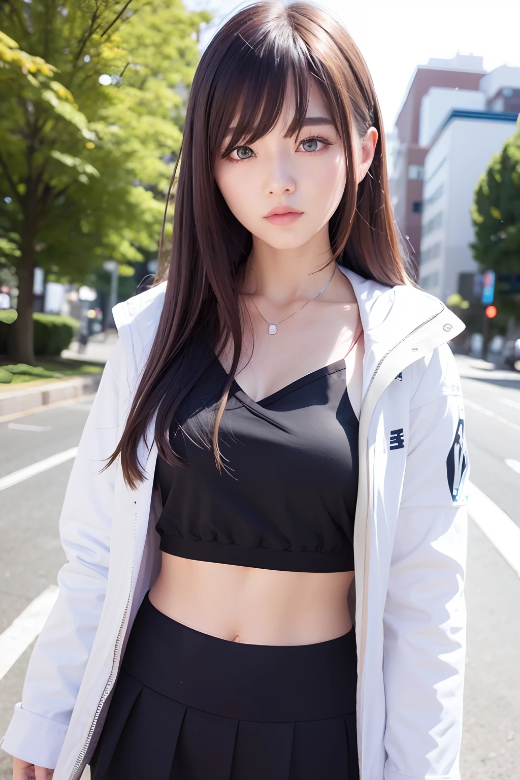 top-quality、超A high resolution、(Photorealsitic:1.4)、(ulzzang-6500:0.4)、1girl in、韓国アイドル、length hair、A dark-haired、Light brown hair、O cabelo multicolorido、Realistic eyes, Beautiful eyes、croptop、a miniskirt、Big white hoodie、In the street、