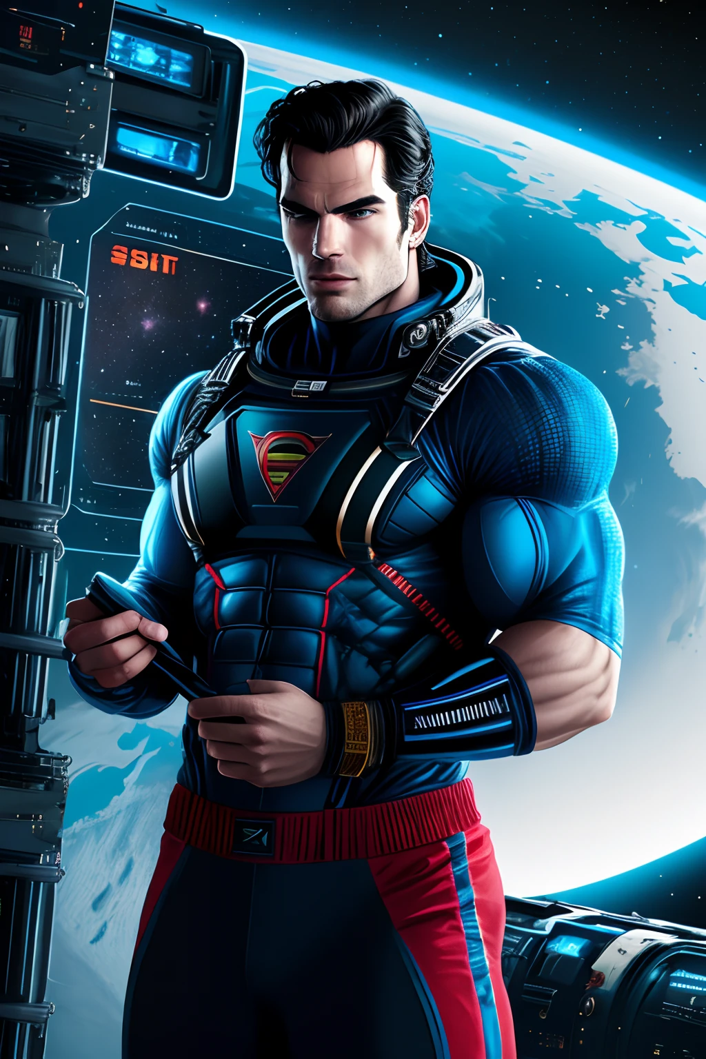 Henry Cavill, muscular, ciberpunk (obra maestra:1.2), en el espacio, Estación Espacial, (mejor calidad), (ultra detallado), (8K, 4k, Intrincado),(muy detallado:1.2),