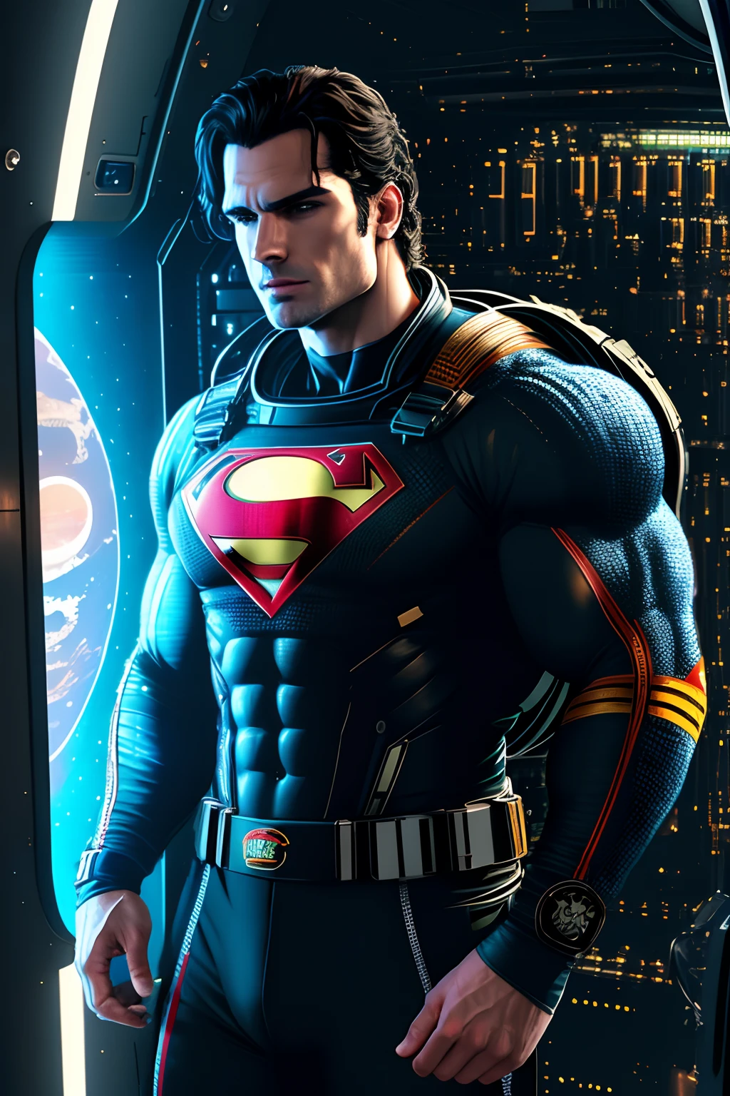 Henry Cavill, muscular, ciberpunk (obra maestra:1.2), en el espacio, Estación Espacial, (mejor calidad), (ultra detallado), (8K, 4k, Intrincado),(muy detallado:1.2),