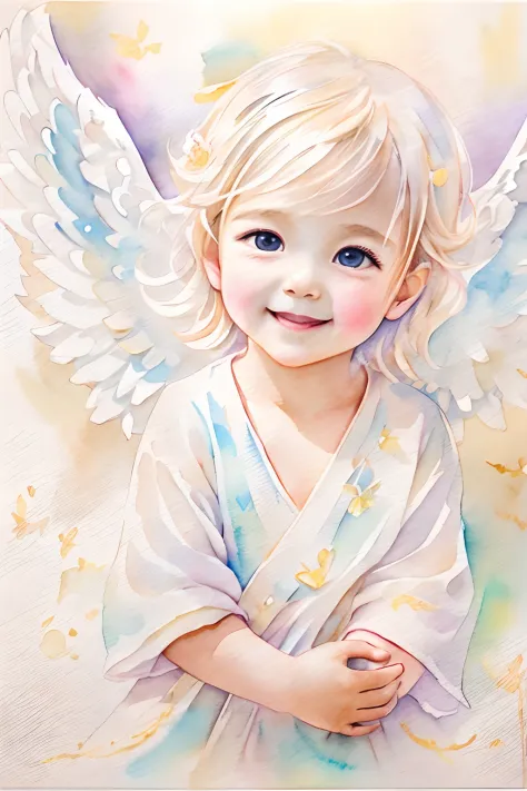 blessings of angels､bright background、heart mark、tenderness､a smile、gentle､baby angel、watercolor paiting