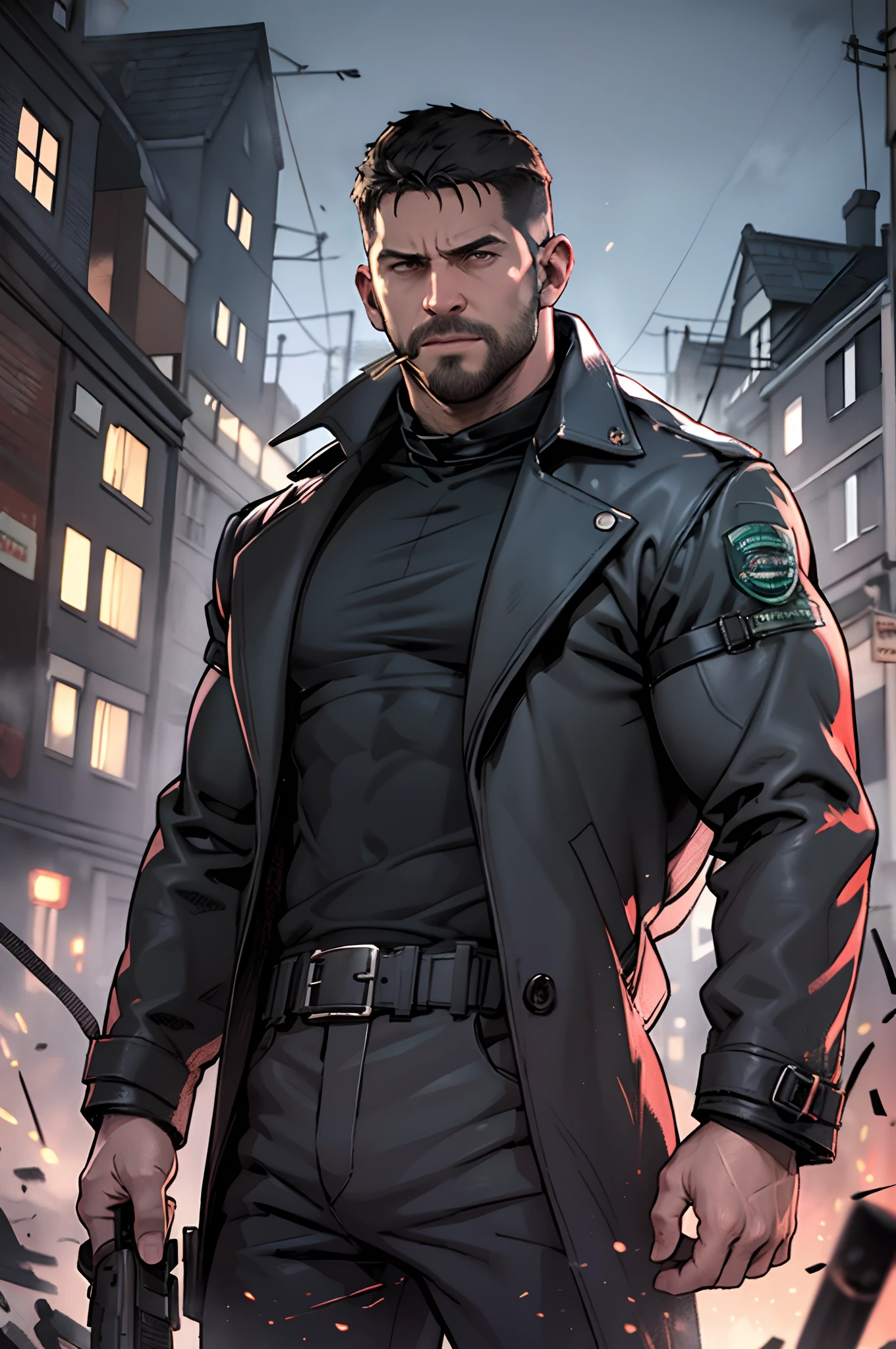 Dark gothic village in the background, old Chris Redfield from Resident Evil 8, tall and hunk, biceps, abs, chest, big black trench coat, black trousers, belt, bearded, holding a rifle, cold frowny face, video games style, high resolution:1.2, best quality, masterpiece, dark nightime, dark atmosphere, soft lighting, upper body shot, cigarette in mouth