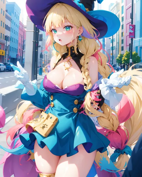 1girl, solo focus, breasts, witch hat, blue dress, jewelry, white gloves, green eyes, bangs, multicolored hair, blonde hair, pink hair, braid, demia duodectetbuildings, street
