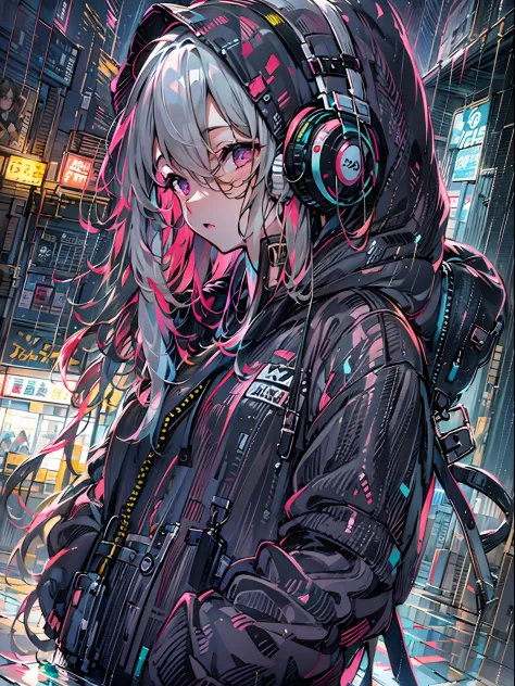 masterpiece, girl alone, solo, incredibly absurd, hoodie, headphones, street, outdoor, rain, neon,