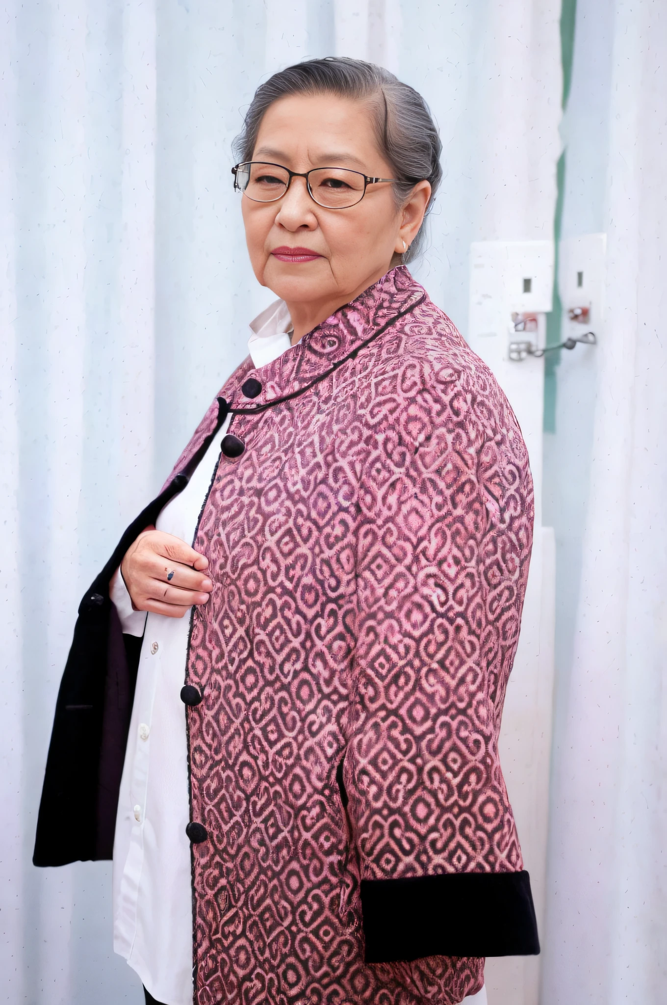 There was a woman wearing a purple jacket and a black tie, she is about 7 0 years old, inspired by Ruth Jên, inspired by Cheng Shifa, 8 0 years old, 80 years old, author：Ruth Jen, cover photo portrait of du juan, with acient chinese clothes, She was about 80 years old, kakar cheung，Retina screen，hyper HD，Textured skin，A high resolutiotomy correct，atmospheric distance sense，Perspectiva subjetiva，Standing painting style，face ultra details，best qualtiy，8k，Chinese things，Super realistic，Star temperament，Facial super straight detail