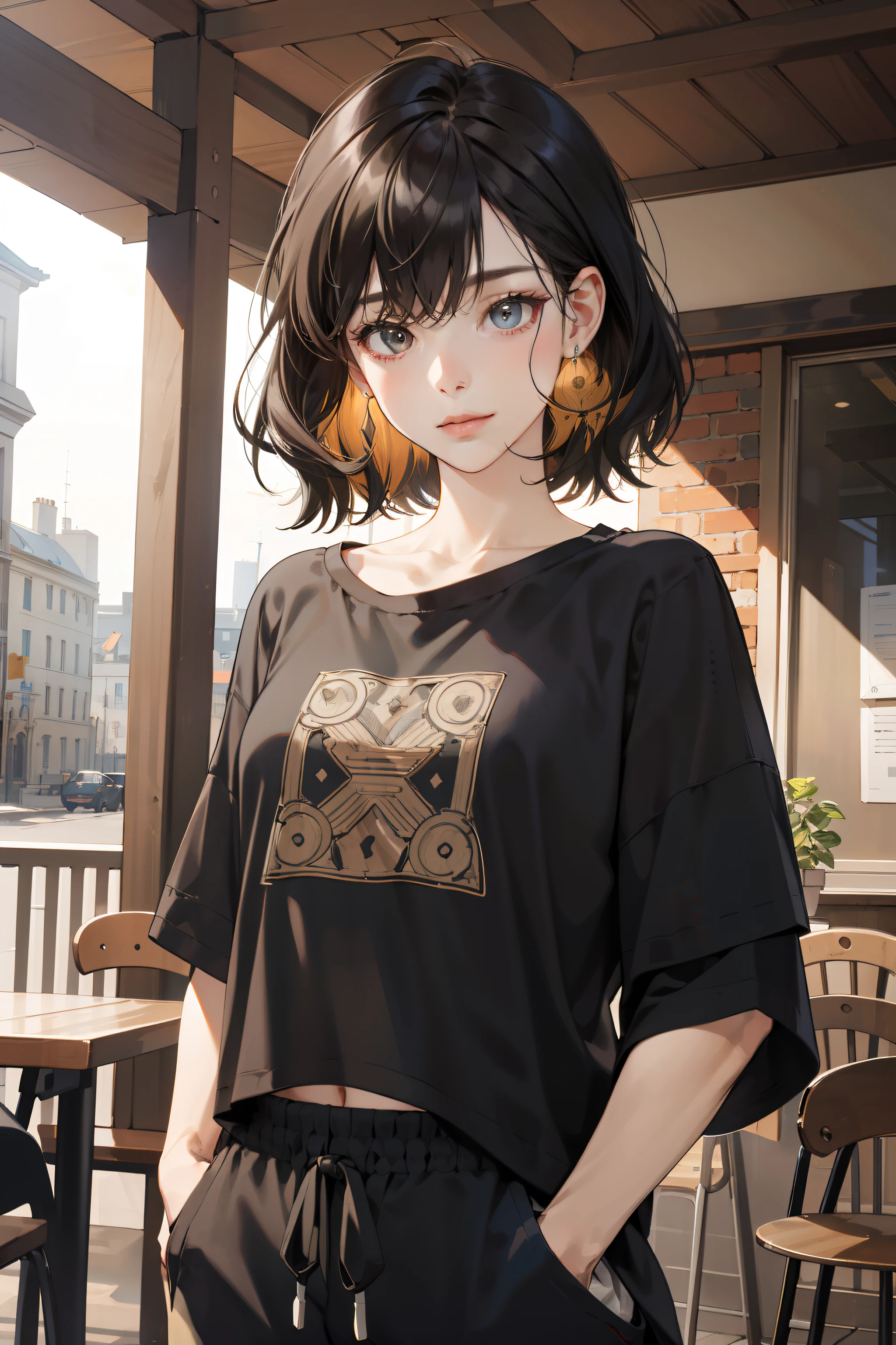 Anime girl with short hair and black shirt standing in front of a building  - SeaArt AI